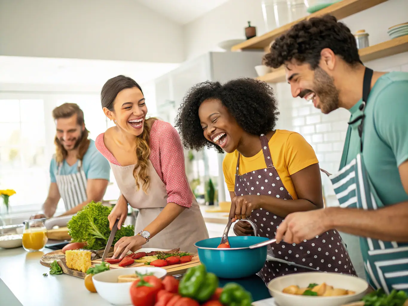 A group of employees and their families joyfully participating in a cooking class, arranged by ACE, set in a modern kitchen with stainless steel appliances and vibrant decorations.